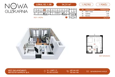 Rzut - Mieszkanie na sprzedaż 1 pokój o powierzchni 34,65 m² - numer B2.1.08 w Nowa Guzikarnia