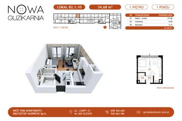 Rzut - Mieszkanie na sprzedaż 1 pokój o powierzchni 35,1 m² - numer B2.1.10 w Nowa Guzikarnia