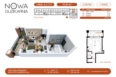 Rzut - Mieszkanie na sprzedaż 1 pokój o powierzchni 42,95 m² - numer A.2.117 w Nowa Guzikarnia