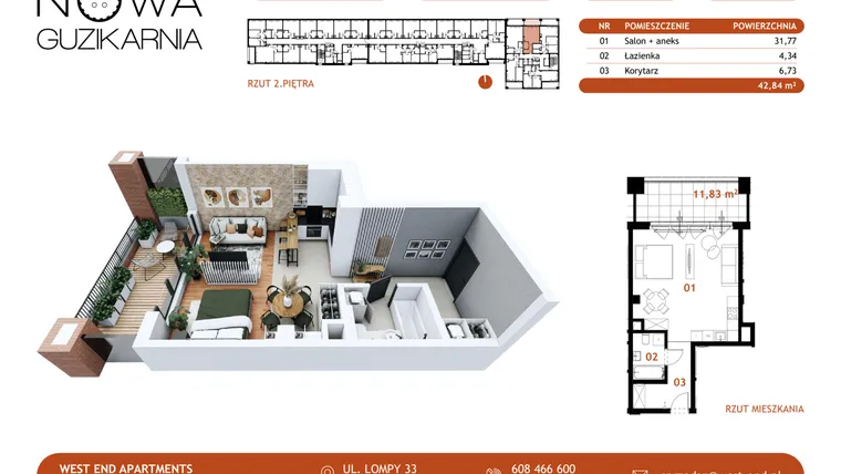 Rzut - Mieszkanie na sprzedaż 1 pokój o powierzchni 42,95 m² - numer A.2.117 w Nowa Guzikarnia