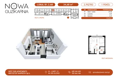Rzut - Mieszkanie na sprzedaż 1 pokój o powierzchni 35,28 m² - numer B1.2.68 w Nowa Guzikarnia
