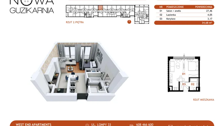 Rzut - Mieszkanie na sprzedaż 1 pokój o powierzchni 35,28 m² - numer B1.2.68 w Nowa Guzikarnia