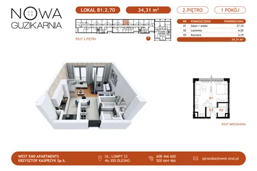 Rzut - Mieszkanie na sprzedaż 1 pokój o powierzchni 34,56 m² - numer B1.2.70 w Nowa Guzikarnia