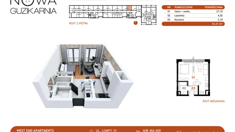 Rzut - Mieszkanie na sprzedaż 1 pokój o powierzchni 34,71 m² - numer B1.2.73 w Nowa Guzikarnia