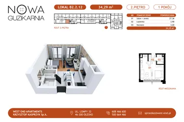 Rzut - Mieszkanie na sprzedaż 1 pokój o powierzchni 34,25 m² - numer B2.2.12 w Nowa Guzikarnia