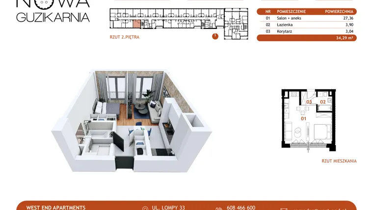 Rzut - Mieszkanie na sprzedaż 1 pokój o powierzchni 34,25 m² - numer B2.2.12 w Nowa Guzikarnia