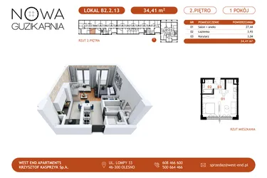 Rzut - Mieszkanie na sprzedaż 1 pokój o powierzchni 34,44 m² - numer B2.2.13 w Nowa Guzikarnia
