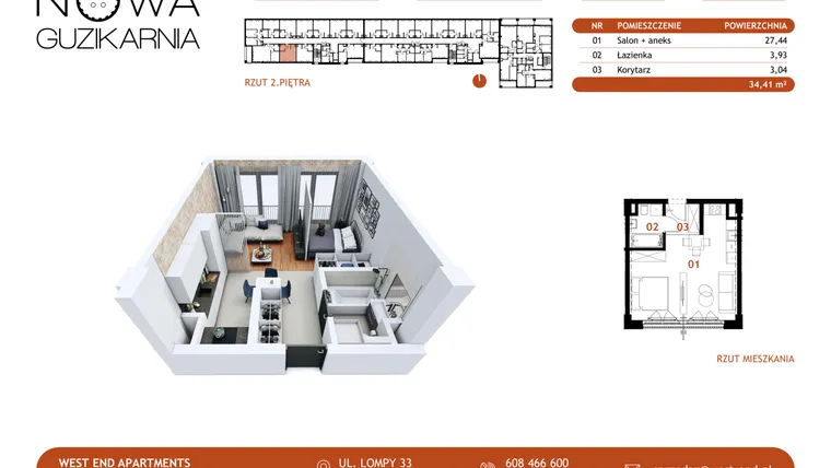 Rzut - Mieszkanie na sprzedaż 1 pokój o powierzchni 34,44 m² - numer B2.2.13 w Nowa Guzikarnia
