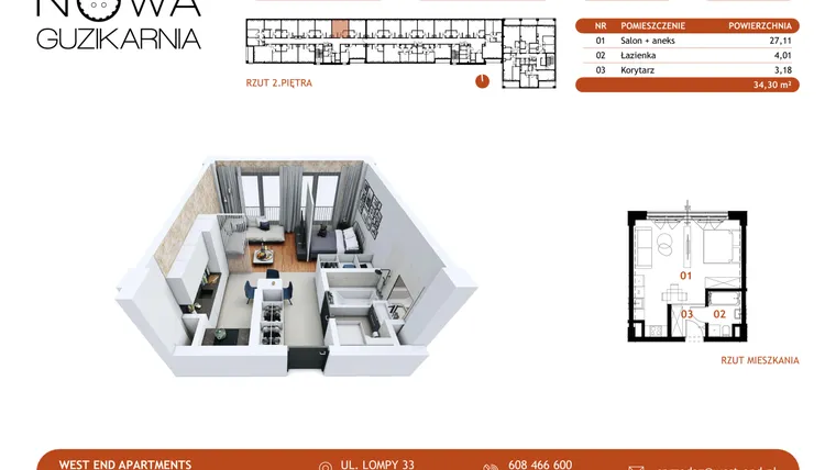 Rzut - Mieszkanie na sprzedaż 1 pokój o powierzchni 34,47 m² - numer B2.2.20 w Nowa Guzikarnia