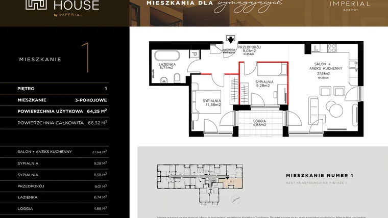 Rzut - Mieszkanie na sprzedaż 3 pokoje o powierzchni 64,28 m² - numer 1 w Kobi HOUSE