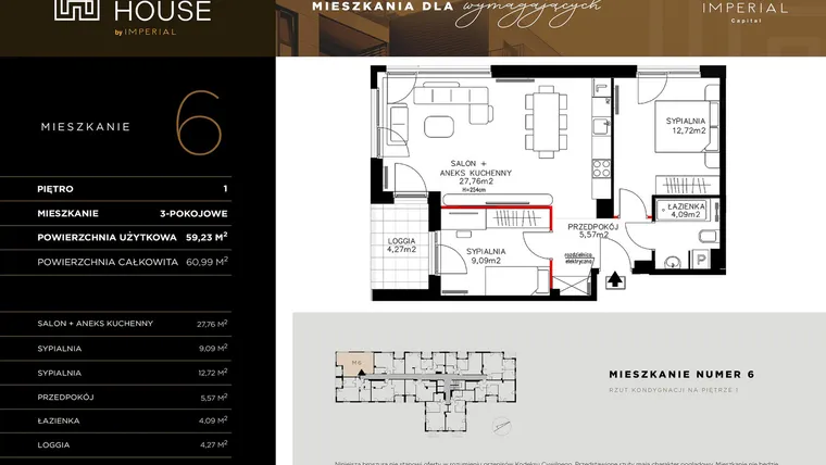 Rzut - Mieszkanie na sprzedaż 3 pokoje o powierzchni 59,44 m² - numer 6 w Kobi HOUSE