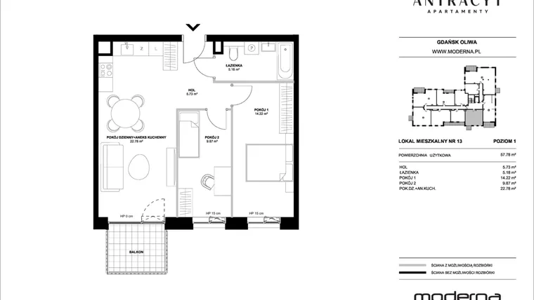 Rzut - Mieszkanie na sprzedaż 3 pokoje o powierzchni 57,78 m² - numer 13 w Antracyt