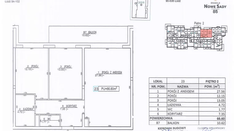Rzut - Mieszkanie na sprzedaż 3 pokoje o powierzchni 66,6 m² - numer M23 w Nowe Sady 85