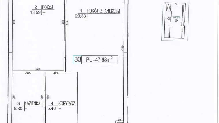 Rzut - Mieszkanie na sprzedaż 2 pokoje o powierzchni 47,68 m² - numer M33 w Nowe Sady 85