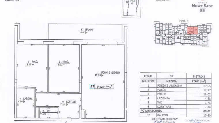 Rzut - Mieszkanie na sprzedaż 3 pokoje o powierzchni 66,62 m² - numer M37 w Nowe Sady 85