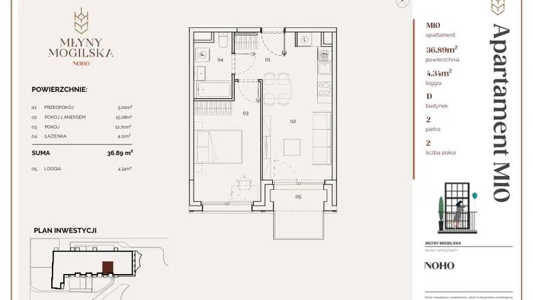 Rzut - Mieszkanie na sprzedaż 2 pokoje o powierzchni 36,84 m² - numer D.10 w Młyny Mogilska