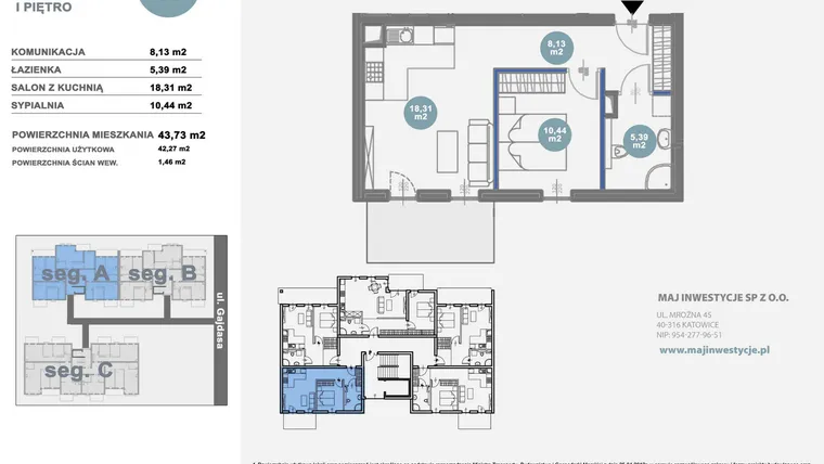 Rzut - Mieszkanie na sprzedaż 2 pokoje o powierzchni 42,27 m² - numer A1.1 w Nowy Radzionków
