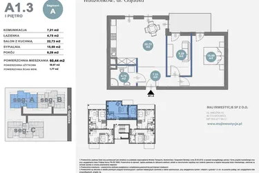 Rzut - Mieszkanie na sprzedaż 3 pokoje o powierzchni 58,67 m² - numer A1.3 w Nowy Radzionków