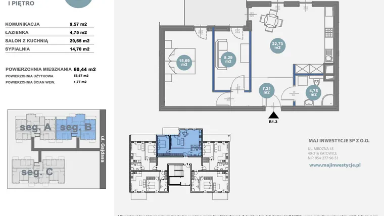 Rzut - Mieszkanie na sprzedaż 2 pokoje o powierzchni 58,67 m² - numer B1.3 w Nowy Radzionków