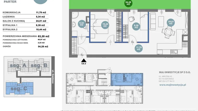 Rzut - Mieszkanie na sprzedaż 3 pokoje o powierzchni 60,97 m² - numer C0.3 w Nowy Radzionków