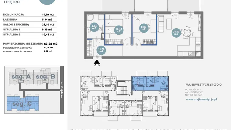 Rzut - Mieszkanie na sprzedaż 3 pokoje o powierzchni 61,06 m² - numer C1.3 w Nowy Radzionków
