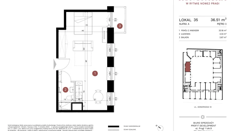 Rzut - Mieszkanie na sprzedaż 1 pokój o powierzchni 35,82 m² - numer A-KL-A.35 w Konopacka