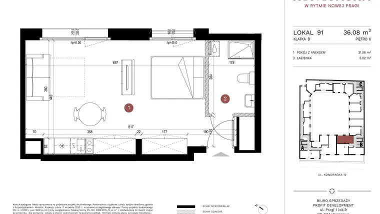 Rzut - Mieszkanie na sprzedaż 1 pokój o powierzchni 35,8 m² - numer A-KL-B.91 w Konopacka