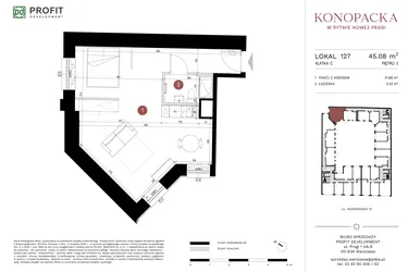 Rzut - Mieszkanie na sprzedaż 1 pokój o powierzchni 45,67 m² - numer A-KL-C.127 w Konopacka
