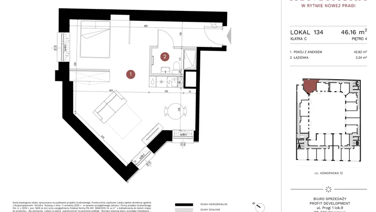 Rzut - Mieszkanie na sprzedaż 1 pokój o powierzchni 46,16 m² - numer A-KL-C.134 w Konopacka