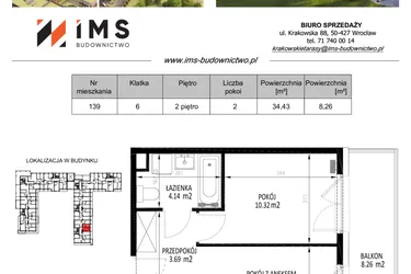 Rzut - Mieszkanie na sprzedaż 2 pokoje o powierzchni 34,49 m² - numer 139 w Krakowskie Tarasy etap V