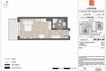 Rzut - Mieszkanie na sprzedaż 1 pokój o powierzchni 27,61 m² - numer 37 - C3.8 w Osiedle Łososiowa