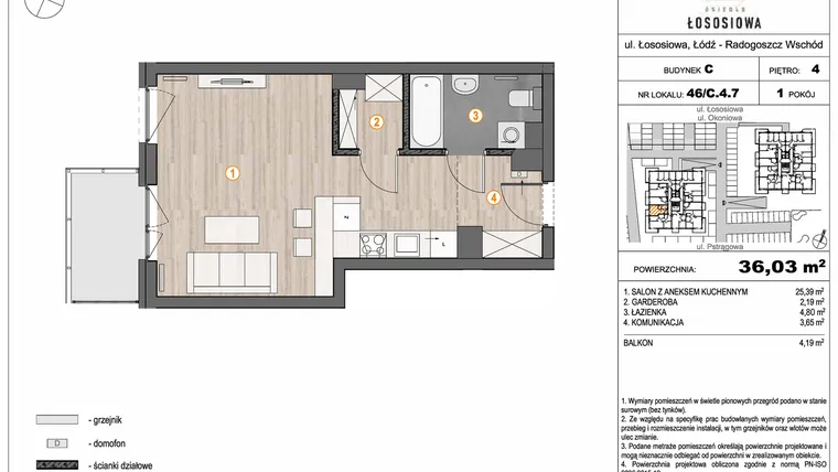 Rzut - Mieszkanie na sprzedaż 1 pokój o powierzchni 36,03 m² - numer 46 - C4.7 w Osiedle Łososiowa
