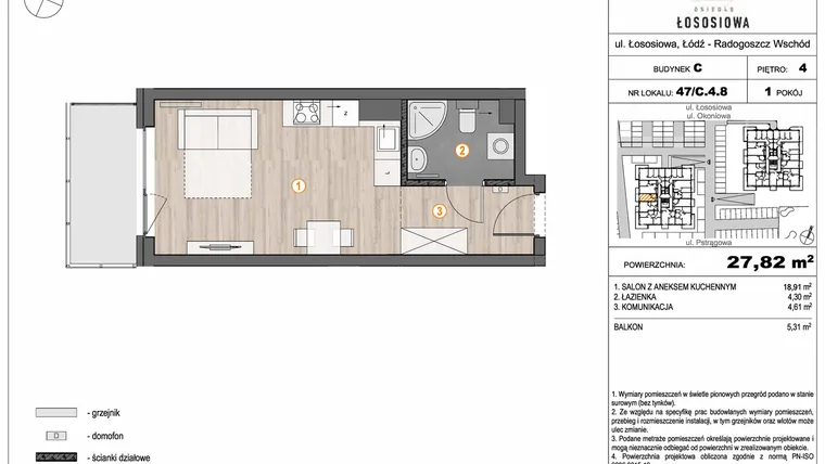 Rzut - Mieszkanie na sprzedaż 1 pokój o powierzchni 27,82 m² - numer 47 - C4.8 w Osiedle Łososiowa