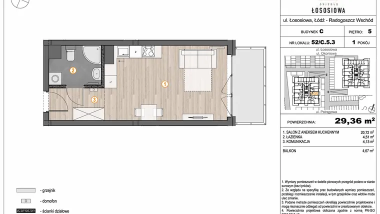 Rzut - Mieszkanie na sprzedaż 1 pokój o powierzchni 29,36 m² - numer 52 - C5.3 w Osiedle Łososiowa