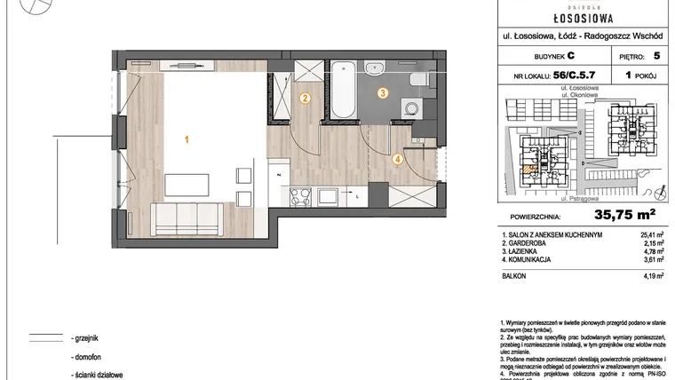 Rzut - Mieszkanie na sprzedaż 1 pokój o powierzchni 35,95 m² - numer 56 - C5.7 w Osiedle Łososiowa