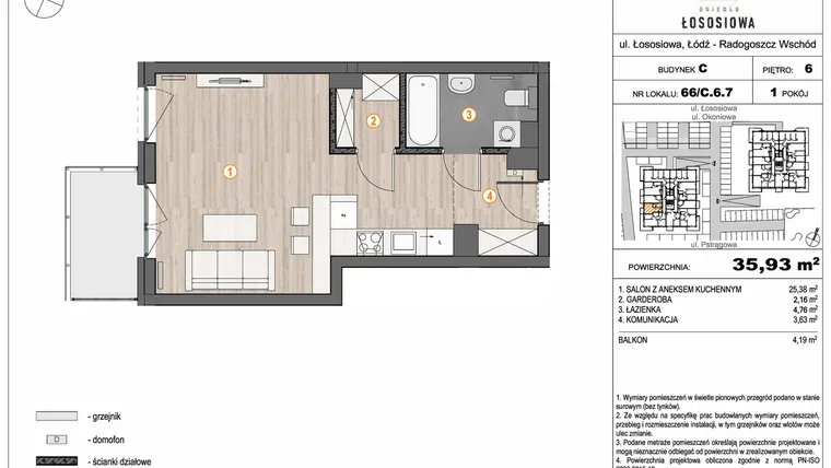 Rzut - Mieszkanie na sprzedaż 1 pokój o powierzchni 35,93 m² - numer 66 - C6.7 w Osiedle Łososiowa