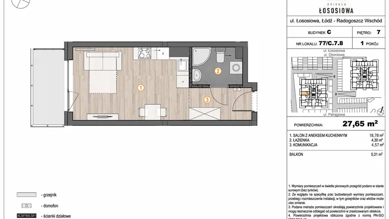 Rzut - Mieszkanie na sprzedaż 1 pokój o powierzchni 27,65 m² - numer 77 - C7.8 w Osiedle Łososiowa