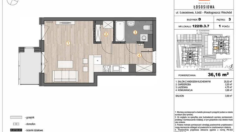 Rzut - Mieszkanie na sprzedaż 1 pokój o powierzchni 36,16 m² - numer 122 - D3.7 w Osiedle Łososiowa