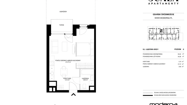 Rzut - Mieszkanie na sprzedaż 1 pokój o powierzchni 34,29 m² - numer G-1 (C) w Scala