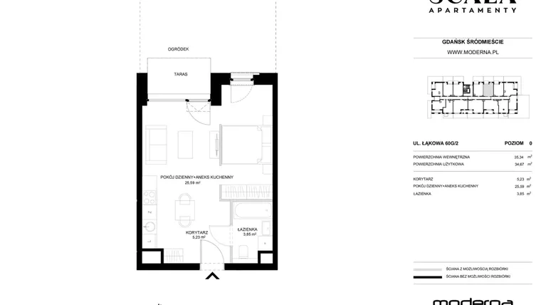 Rzut - Mieszkanie na sprzedaż 1 pokój o powierzchni 34,67 m² - numer G-2 (E) w Scala