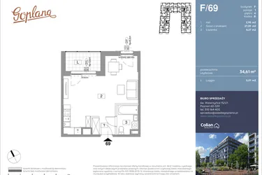 Rzut - Mieszkanie na sprzedaż 1 pokój o powierzchni 34,61 m² - numer F69 w Goplana budynek F