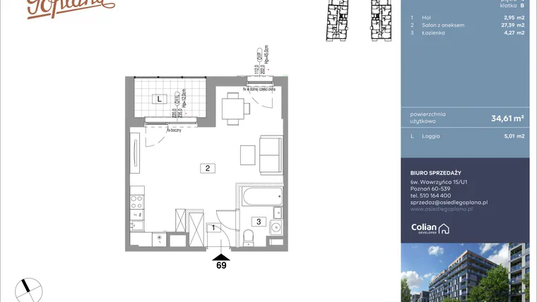 Rzut - Mieszkanie na sprzedaż 1 pokój o powierzchni 34,61 m² - numer F69 w Goplana budynek F