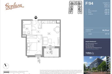Rzut - Mieszkanie na sprzedaż 2 pokoje o powierzchni 39,79 m² - numer F94 w Goplana budynek F