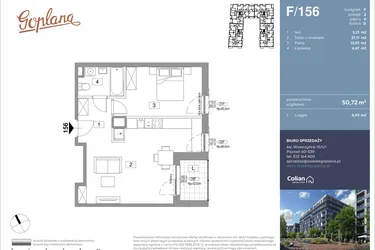 Rzut - Mieszkanie na sprzedaż 2 pokoje o powierzchni 50,72 m² - numer F156 w Goplana budynek F