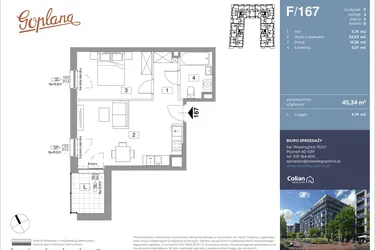 Rzut - Mieszkanie na sprzedaż 2 pokoje o powierzchni 45,34 m² - numer F167 w Goplana budynek F
