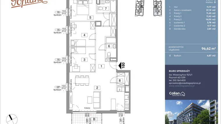 Rzut - Mieszkanie na sprzedaż 4 pokoje o powierzchni 96,62 m² - numer F180 w Goplana budynek F