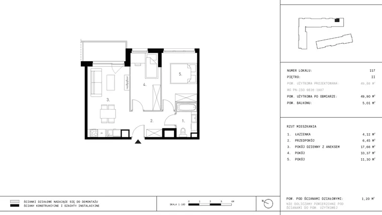 Rzut - Mieszkanie na sprzedaż 3 pokoje o powierzchni 49,9 m² - numer K16.2 w Myśliborska III etap