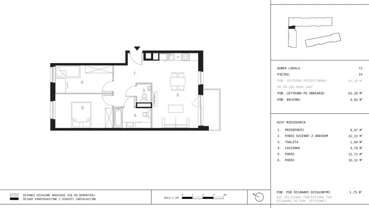 Rzut - Mieszkanie na sprzedaż 3 pokoje o powierzchni 61,18 m² - numer K1.4 w Myśliborska III etap