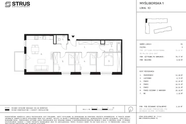 Rzut - Mieszkanie na sprzedaż 4 pokoje o powierzchni 78,77 m² - numer K2.5 w Myśliborska III etap