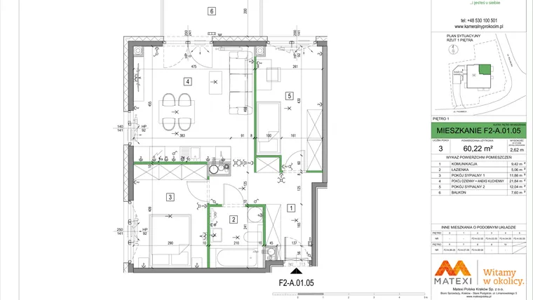 Rzut - Mieszkanie na sprzedaż 3 pokoje o powierzchni 60,15 m² - numer F2-A.01.05 w Kameralny Prokocim 2